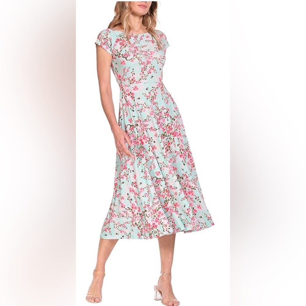 LBISSE Cheery Blossom Cap Sleeve Midi Dress